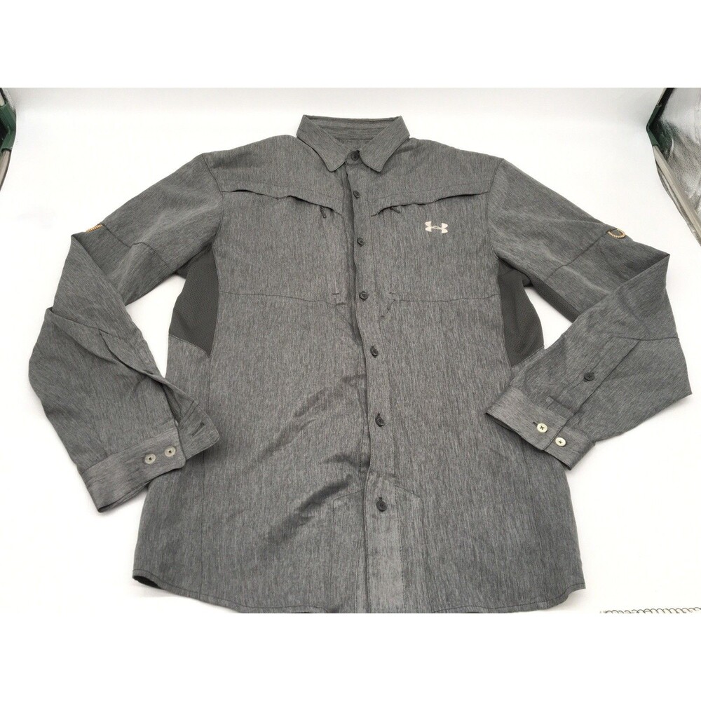 Under Armour Heat Gear Gray LS Button Up Vented Shirt Sz Medium Long Sleeve READ